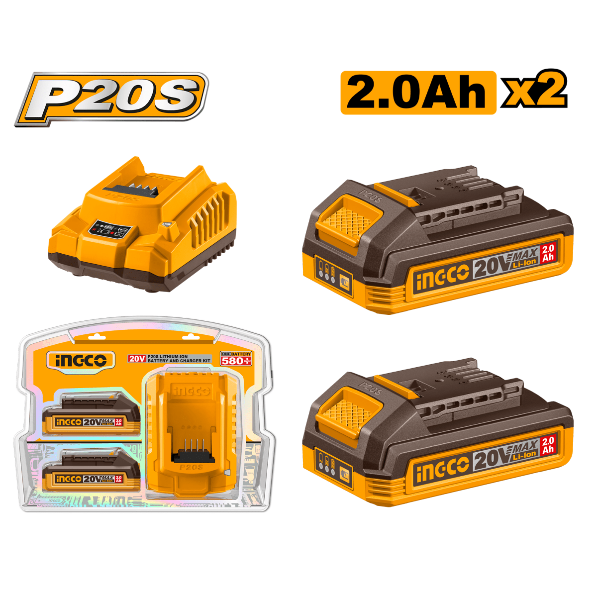 Set Bateria Ion Litio 20V 2 Unds Mas Cargador INGCO UFBCPK1222 - MARKEMSTORE -