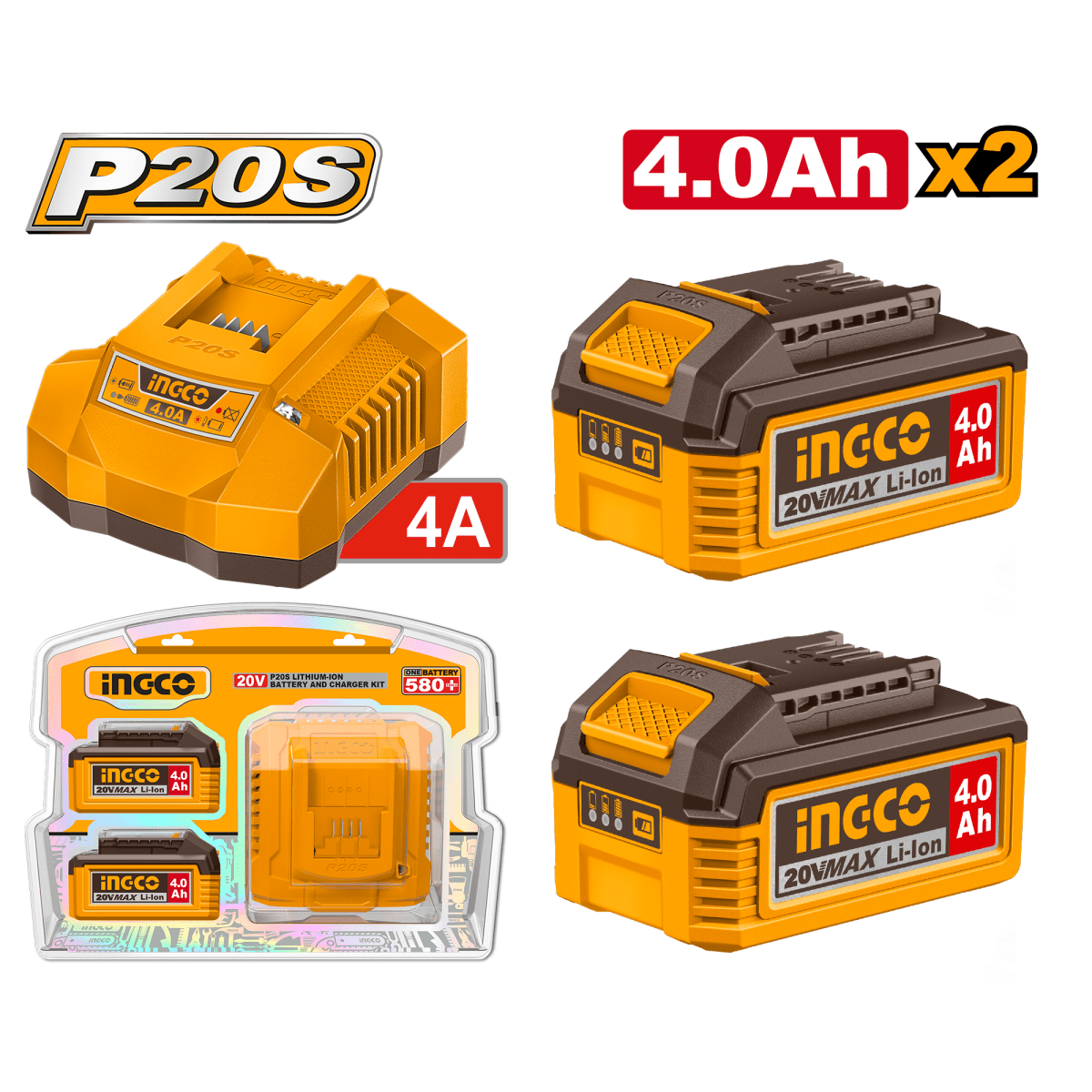 Set Bateria Ion Litio 20V 4,0Ah 2Pcs Mas Cargador Ingco UFBCPK2013 - MARKEMSTORE - Baterías