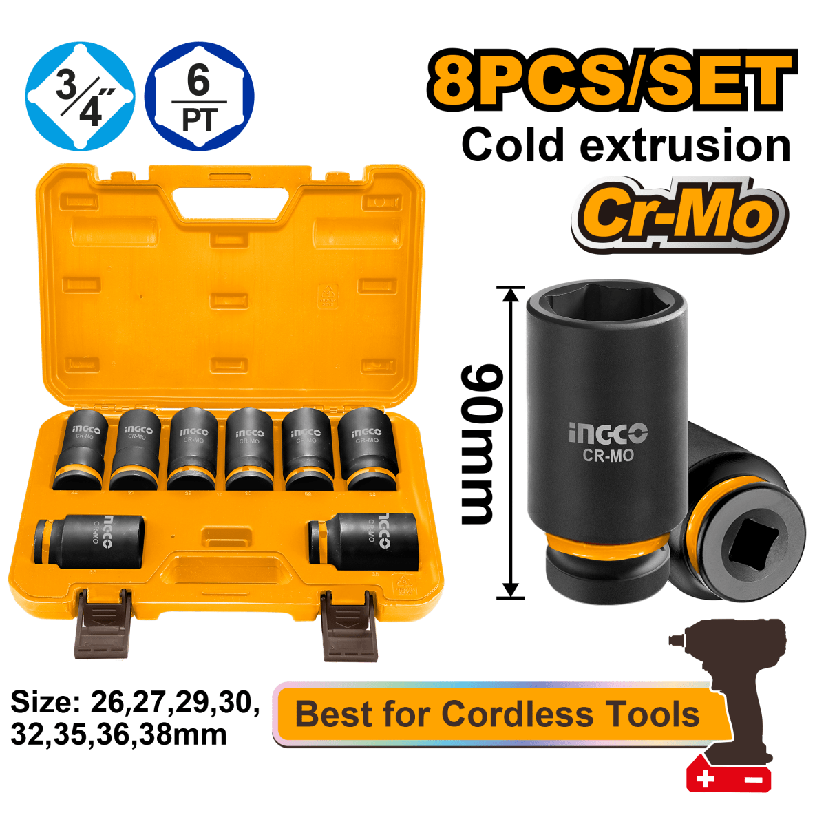 Set Dado Impacto 8 Piezas 3/4" INGCO Cr - Mo HKISSD34082L - MARKEMSTORE - Dados y accesorios