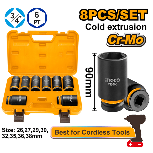 Set Dado Impacto 8 Piezas 3/4" INGCO Cr - Mo HKISSD34082L - MARKEMSTORE - Dados y accesorios