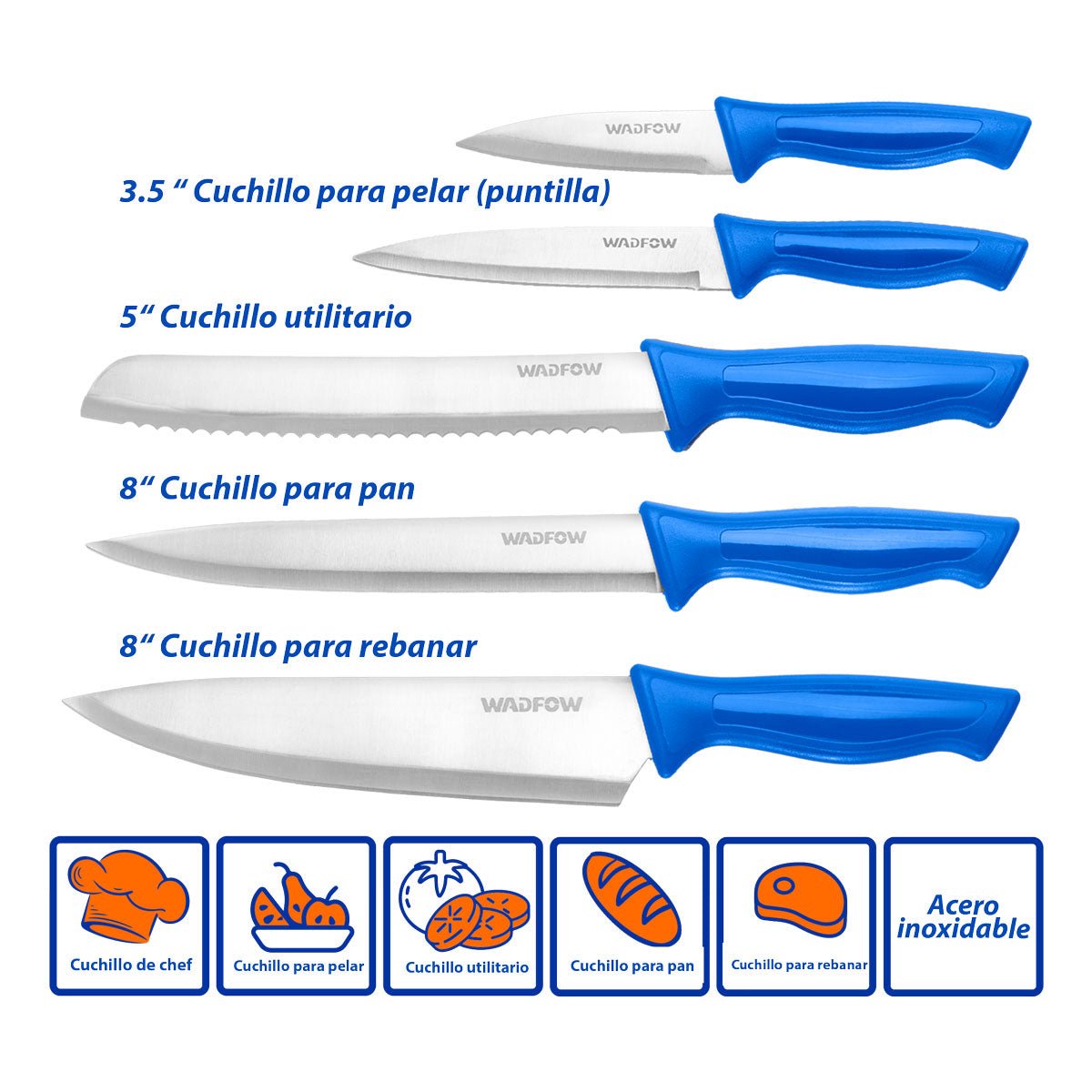 Set de Cuchillos 5 piezas en Acero Inoxidable WADFOW WKK1K51 - MARKEMSTORE - Herramientas de corte uso general