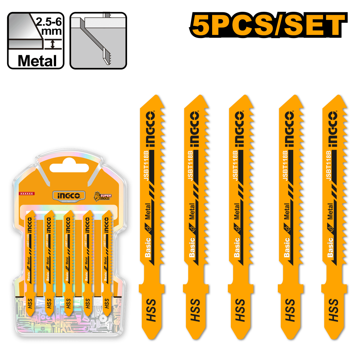 Set de Hojas Para Sierra Caladora Metal 5 Piezas INGCO JSBT118B - MARKEMSTORE -