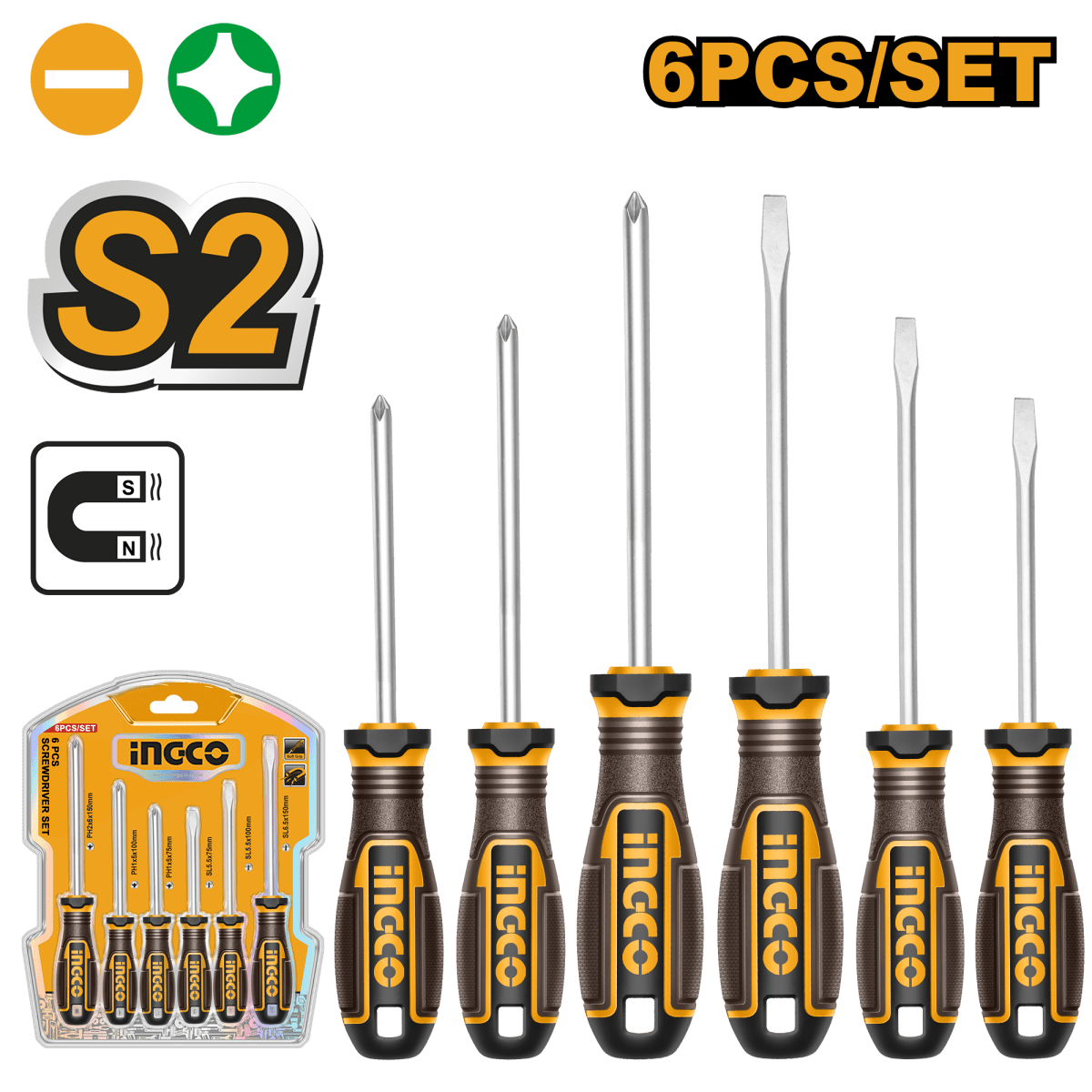 Set Destornillador 6 Piezas INGCO S2 Magnético Ergonómico HKSDS0628 - MARKEMSTORE - Destornillador
