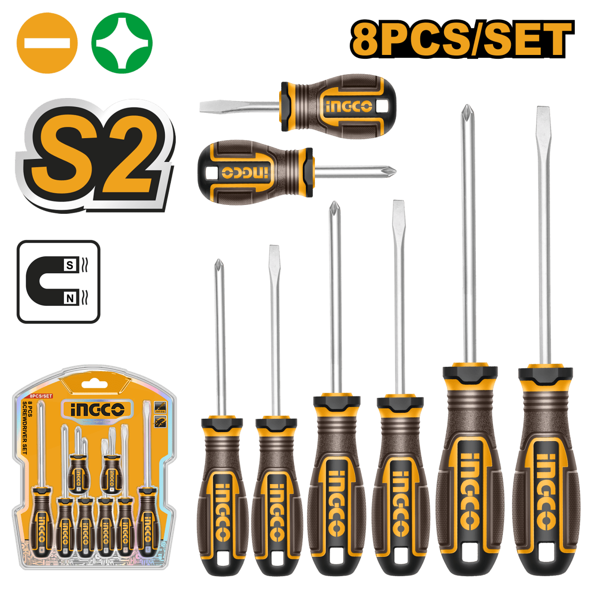 Set Destornillador 8 Piezas INGCO S2 Magnético Profesional HKSDS0828 - MARKEMSTORE - Destornillador