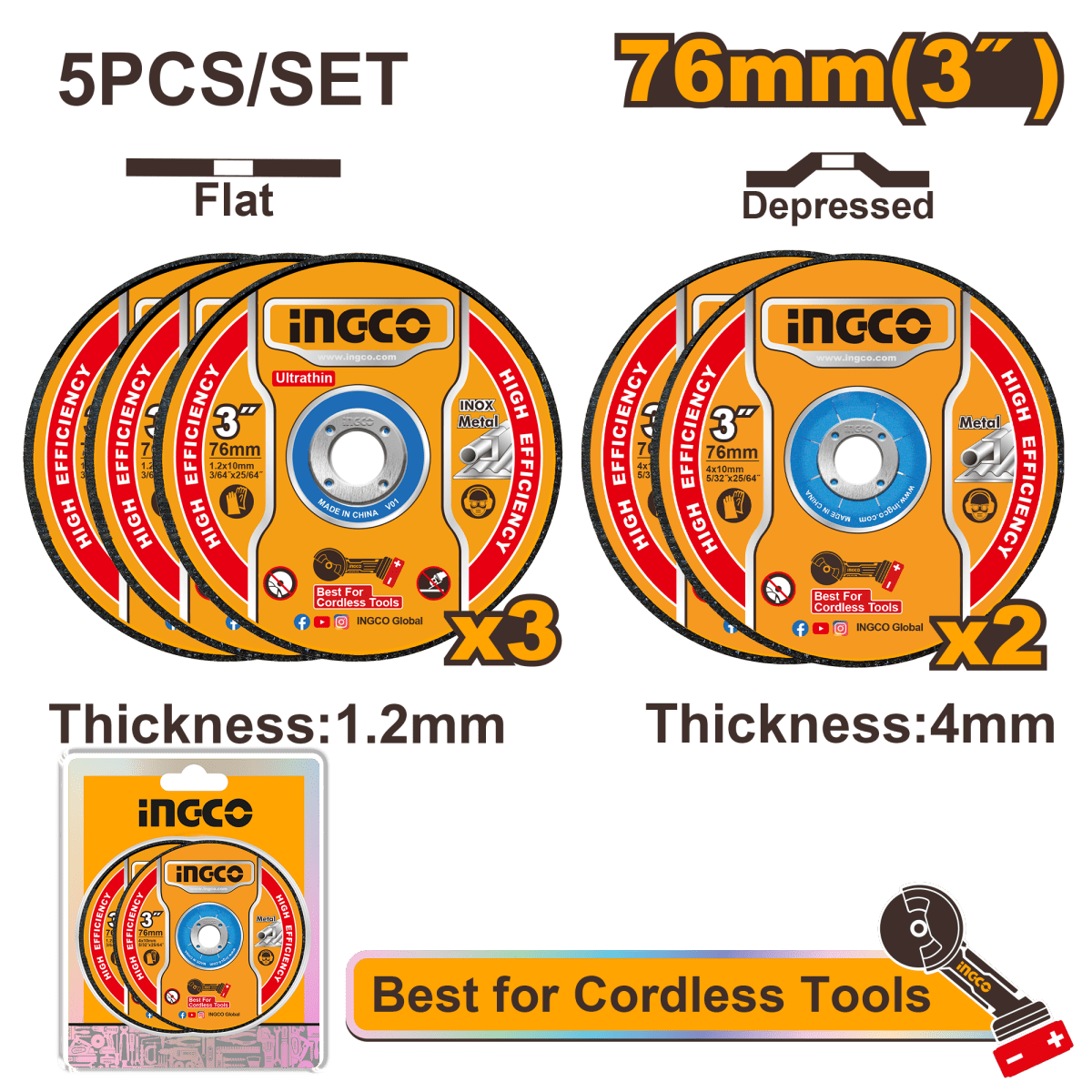 Set Disco Corte Metal y Abrasivo 3" 5 Pcs Ingco Mcd303768 - MARKEMSTORE - Discos