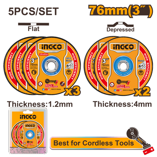 Set Disco Corte Metal y Abrasivo 3" 5 Pcs Ingco Mcd303768 - MARKEMSTORE - Discos