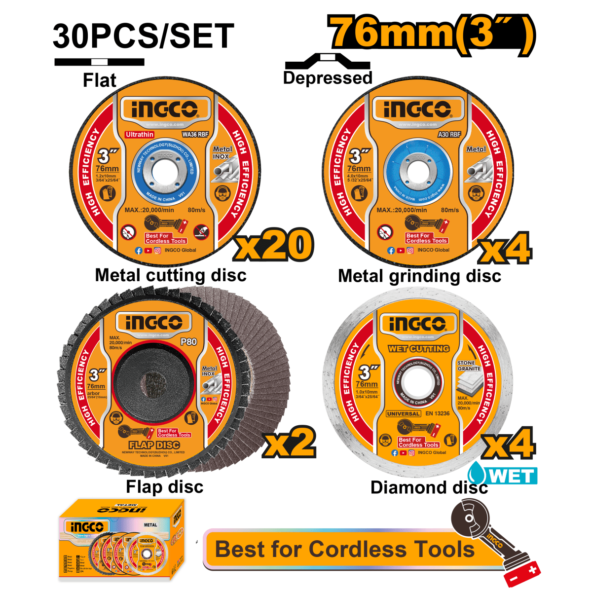 Set Disco Corte y Desgaste 30 Pcs Ingco Mcd07630 - MARKEMSTORE - Discos