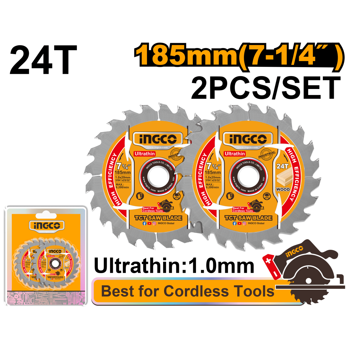 Set Disco Sierra Madera 7 - 1/4" 24D 2Pcs INGCO TSB1853 - MARKEMSTORE - Accesorios para Sierra