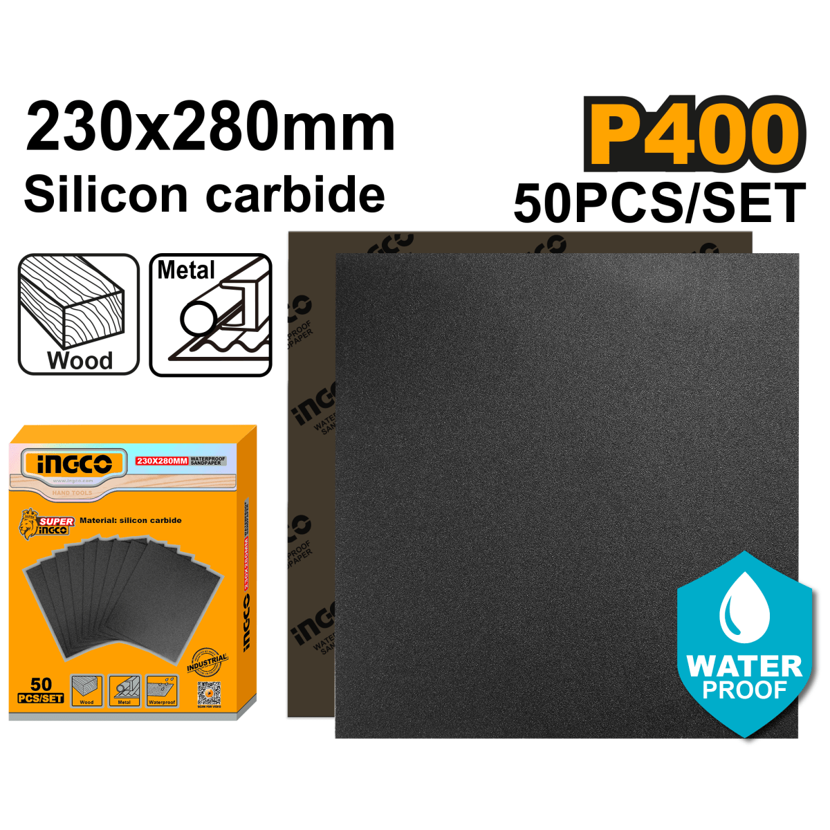 Set Lija De Agua 230mm X 280mm G400 X 50 Pcs Ingco Akhs040016 - MARKEMSTORE - Lijas de Agua