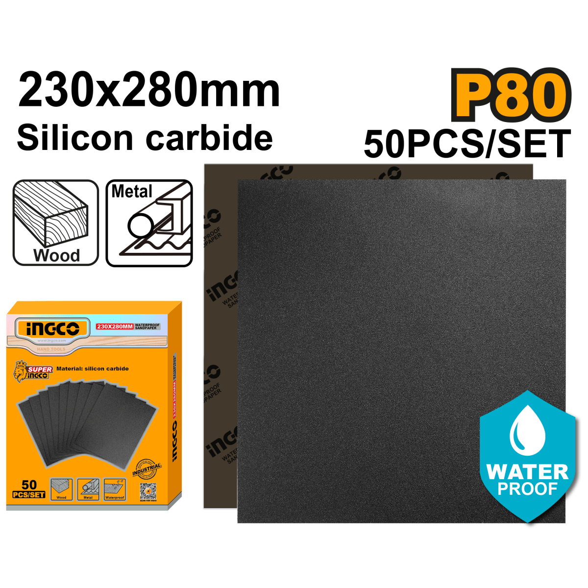 Set Lija De Agua 230mm X 280mm G80 X 50 Pcs Ingco Akhs008016 - MARKEMSTORE - Lijas de Agua