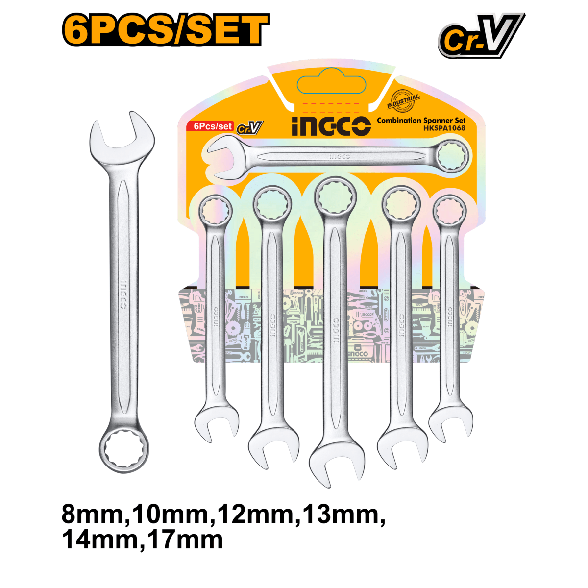 Set Llave Combinada Ind 6Pcs 8 - 17Mm INGCO HKSPA1068 - MARKEMSTORE - LLAVES Y JUEGOS
