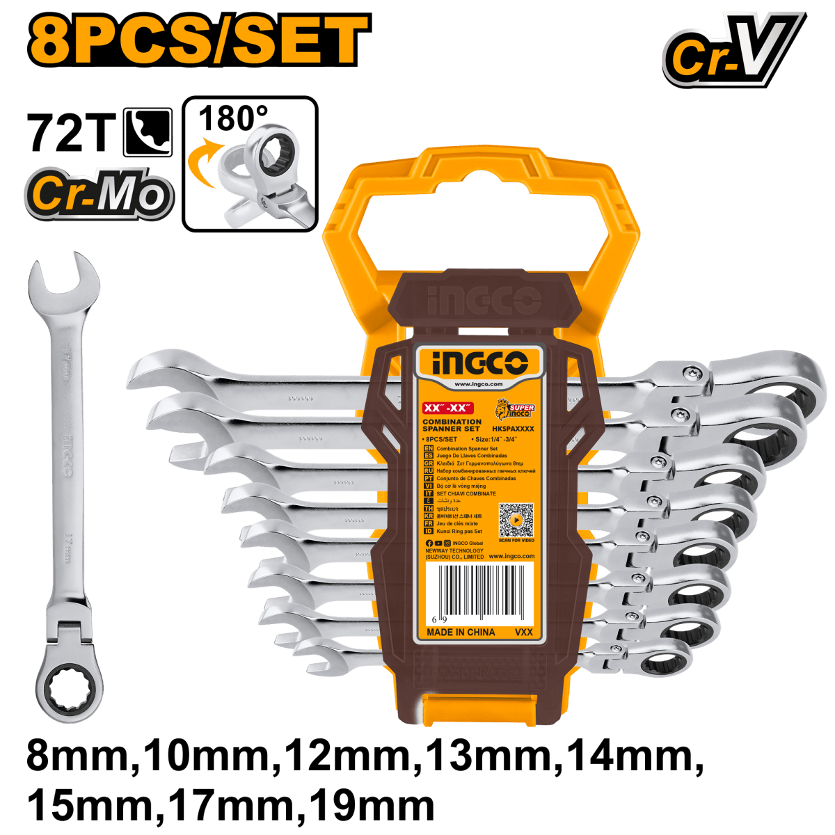 Set Llave Combinada Ind 8 Pcs 8 - 19mm INGCO HKSPAR1083 - MARKEMSTORE -