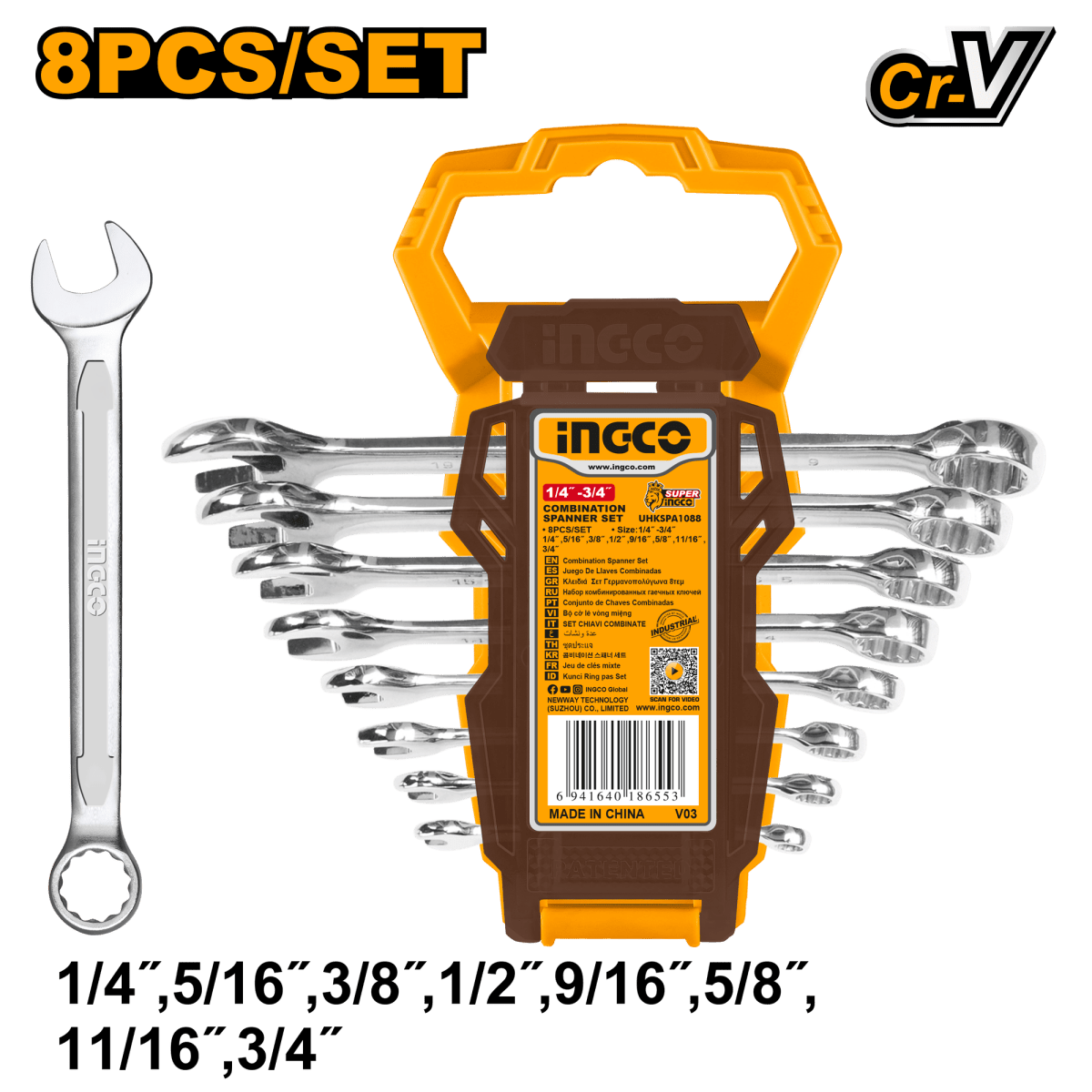 Set Llave Combinada Ind 8Pcs 1/4 - 3/4Pulg INGCO UHKSPA1088 - MARKEMSTORE - LLAVES Y JUEGOS