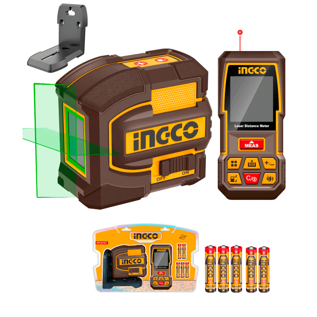 Set Medición Nivel Láser Verde 35Mts (Hll156601) + Medidor De Distancia 70Mts (Hldd0708) INGCO COSLL0401 - MARKEMSTORE -