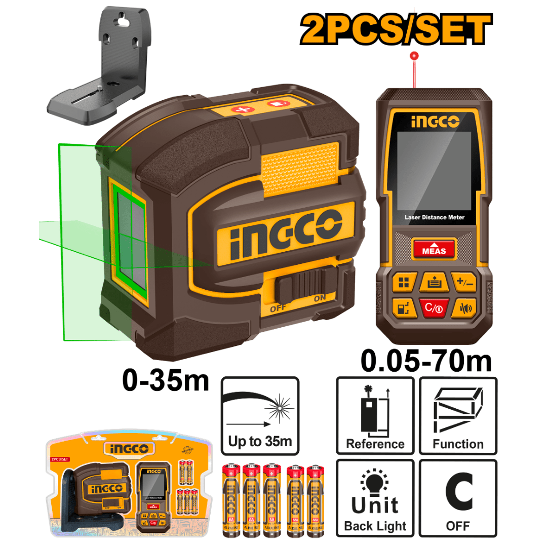 Set Medición Nivel Láser Verde 35Mts (Hll156601) + Medidor De Distancia 70Mts (Hldd0708) INGCO COSLL0401 - MARKEMSTORE -