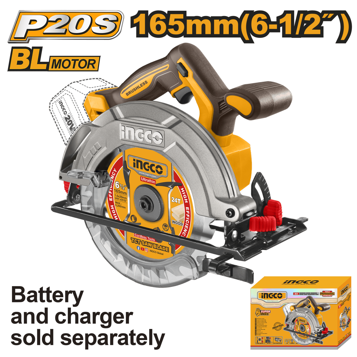 Sierra Circular Inalámbrica INGCO 20V 6 - 1/2" 5200RPM - Motor Brushless Corte 55mm CSLI1652 - MARKEMSTORE - Sierras