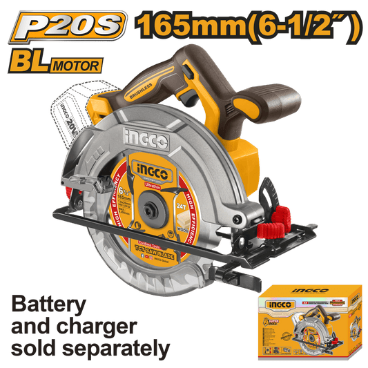 Sierra Circular Inalámbrica INGCO 20V 6 - 1/2" 5200RPM - Motor Brushless Corte 55mm CSLI1652 - MARKEMSTORE - Sierras