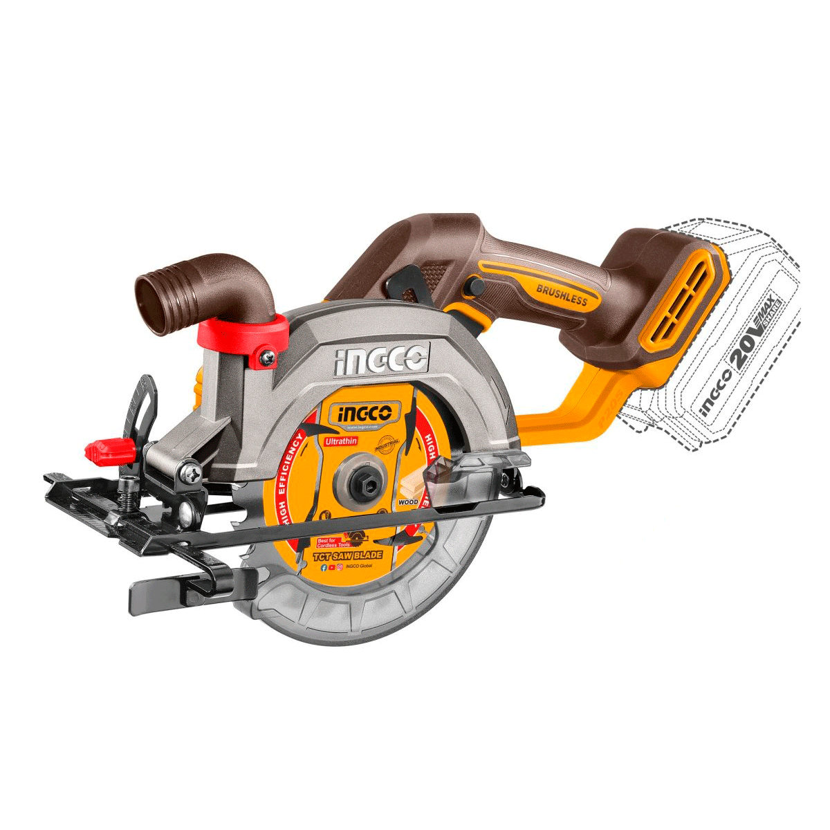 Sierra Circular Inalámbrica INGCO 5 - 1/2" 20V 6300RPM + Batería 4Ah y Cargador UCSLI14021 - MARKEMSTORE - Sierras