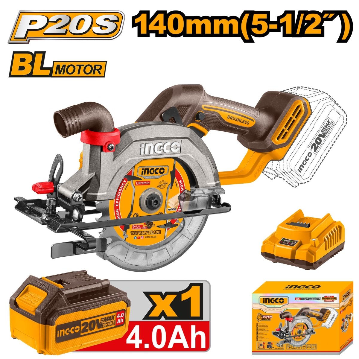 Sierra Circular Inalámbrica INGCO 5 - 1/2" 20V Sin Escobillas 6300RPM + Batería 4Ah y Cargador UCSLI14021 - MARKEMSTORE
