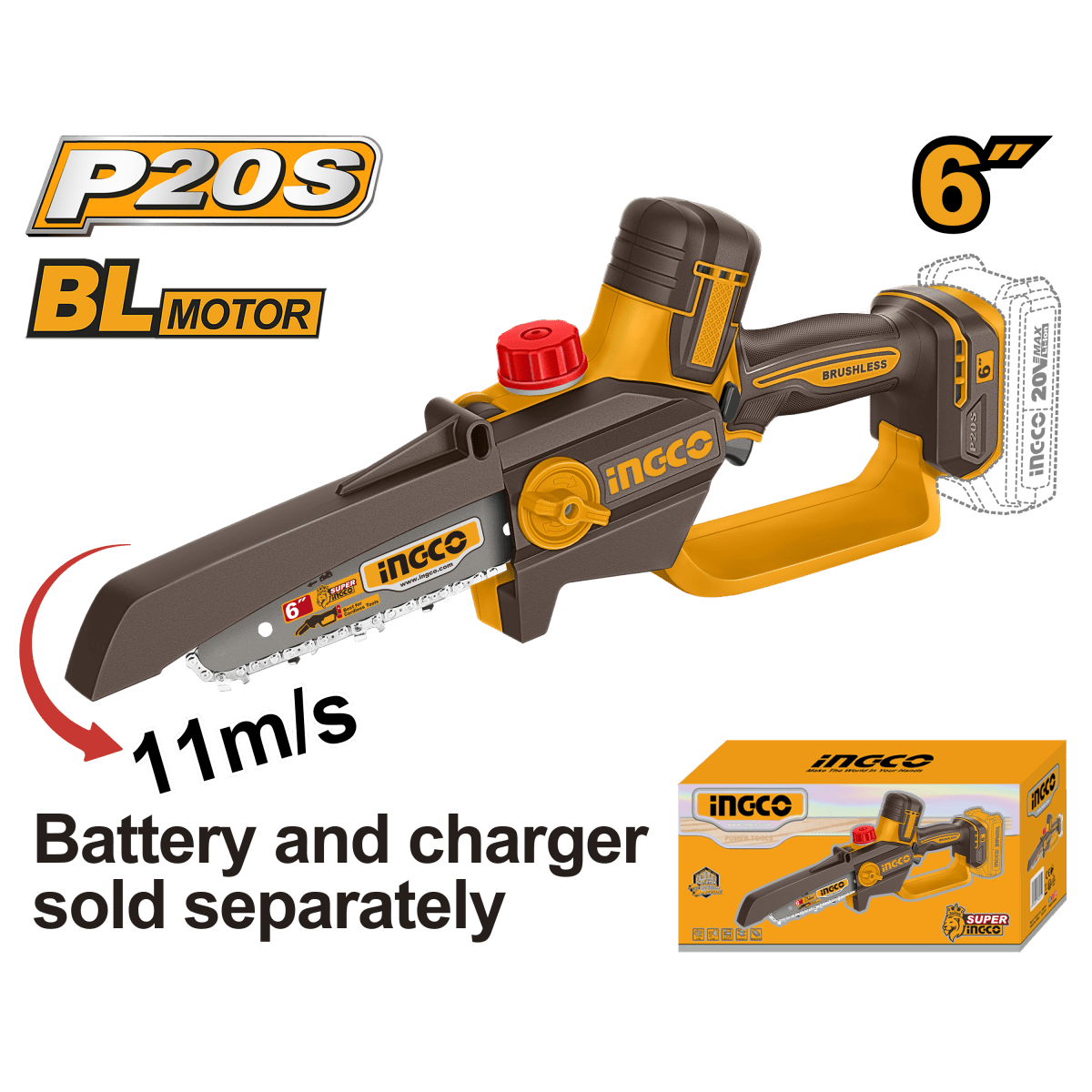 Sierra Podadora Inalámbrica INGCO 20V 6" 11m/s - Motor Brushless - MARKEMSTORE - Sierras