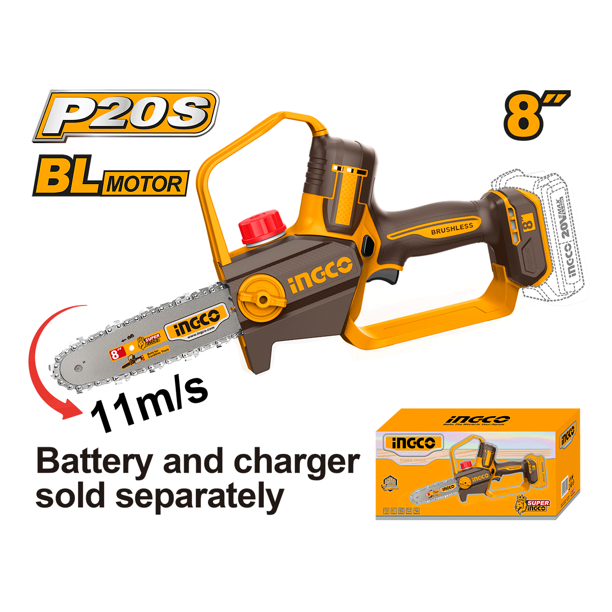 Sierra Podadora Inalámbrica INGCO 20V 8" Brushless 11m/s - CGSLI2088 - MARKEMSTORE - 