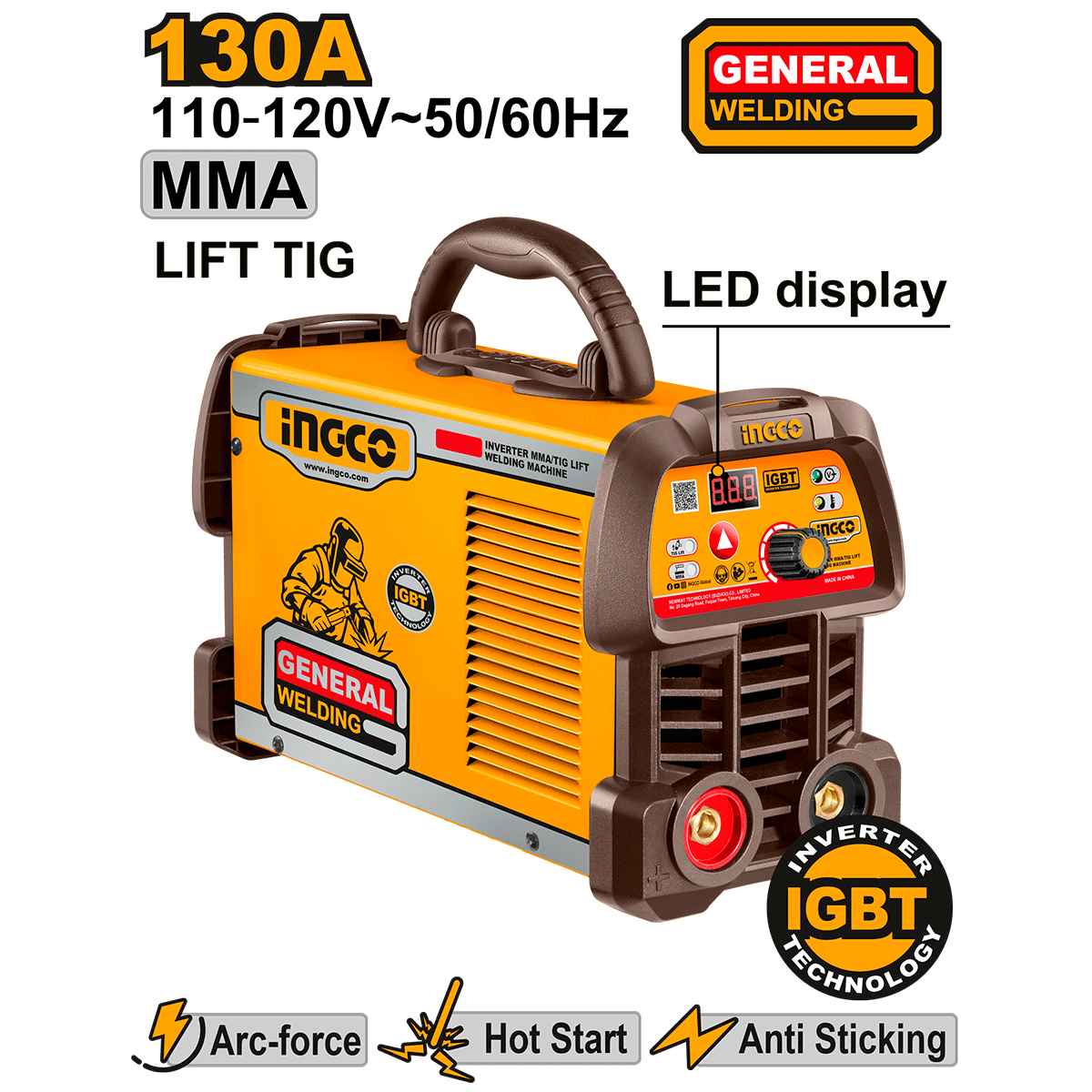 Soldador Inversor TIG 110V 130A INGCO IGBT Pantalla LED + Accesorios UMMA13059 - MARKEMSTORE - Soldador