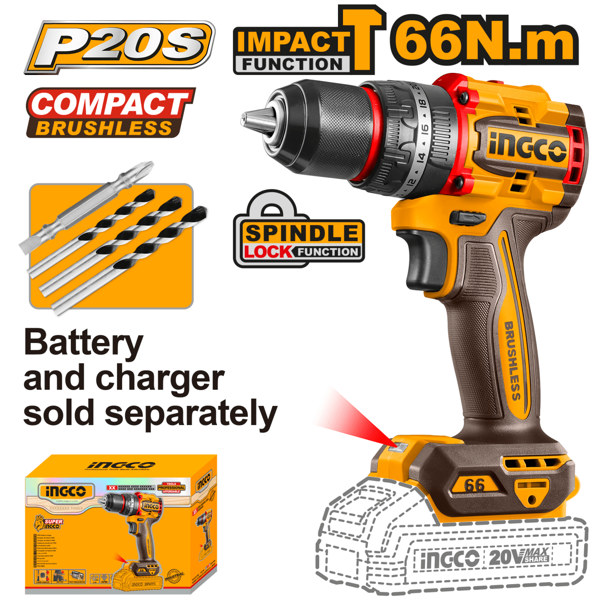 Taladro de Impacto Inalámbrico INGCO 20V 66Nm 30000BPM - CIDLI206681 - MARKEMSTORE - Taladro