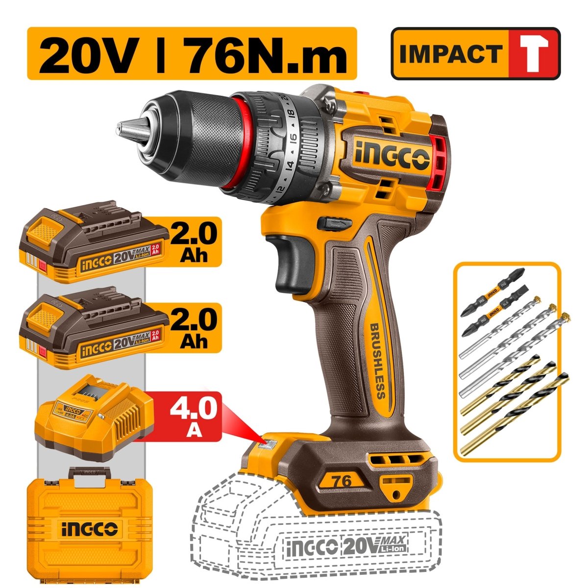 Taladro De Impacto M1/2 20V 76Nm 2000Rpm Brushless INGCO UCIDLI207686 - MARKEMSTORE - Taladros