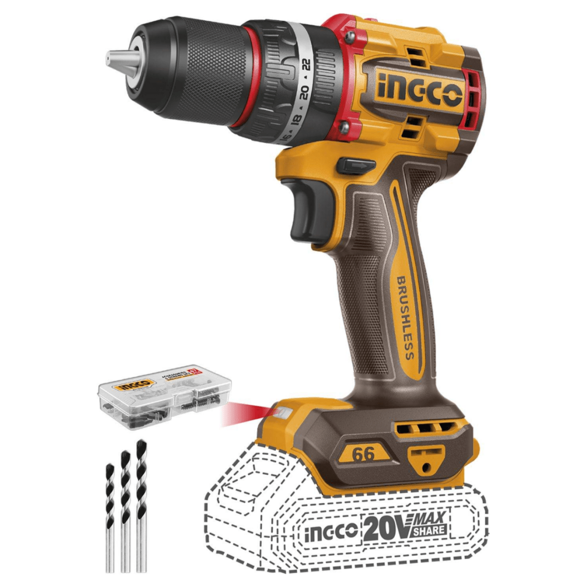 Taladro inalámbrico  Impacto 1/2 20V 66Nm INGCO UCIDLI20668 - MARKEMSTORE - Taladro