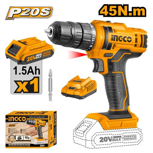 Taladro Inalambrico 20V Ion Litio Vel 0 - 400/0 - 1500Min 45Nnm Con 1 Baterias y Cargador Ingco UCDLI20051 - MARKEMSTORE -