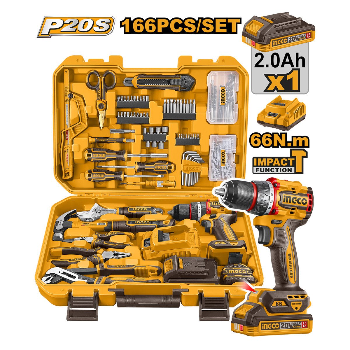 Taladro Inalambrico 20V UHKTHP41662 + 166 Herramientas INGCO - MARKEMSTORE - Juegos de Herramientas