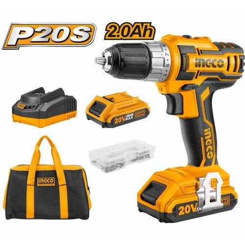Kit taladro inalámbrico INGCO 20V con 2 baterías litio, cargador, maletín y caja de accesorios - Markemstore