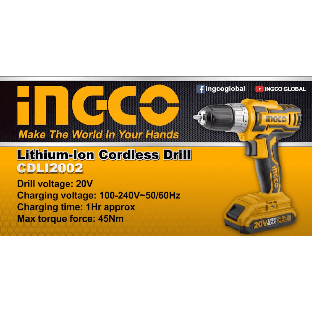 Banner INGCO taladro inalámbrico 20V CDLI2002 con especificaciones técnicas 45Nm y carga 1 hora - Markemstore