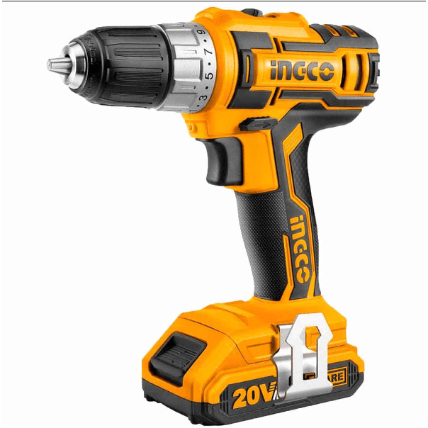 Taladro inalámbrico INGCO 20V naranja con batería 20V y portabrocas sin llave, vista lateral - Markemstore