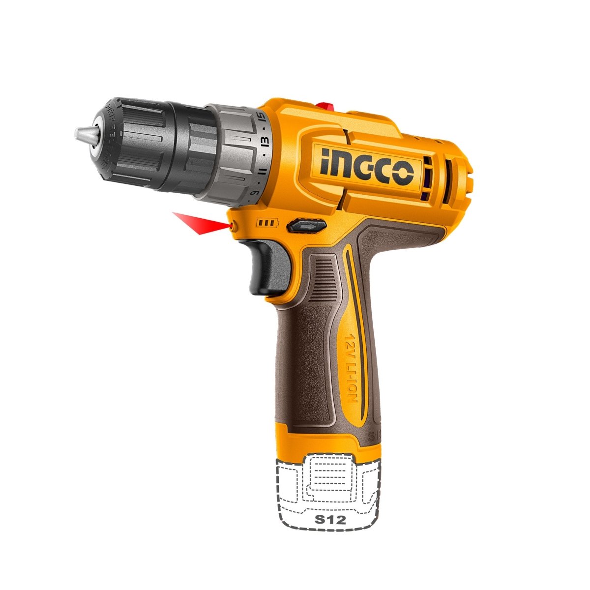 Taladro Inalámbrico de rotación 12V INGCO 20Nm 2 Velocidades + Batería 1.5Ah CDLI122061 - MARKEMSTORE - Taladros