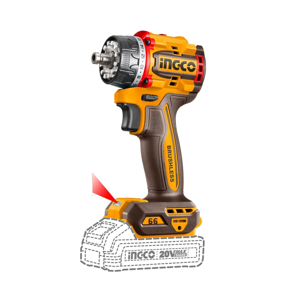 Taladro inalámbrico INGCO 20V brushless 66Nm con anillo de torque ajustable - Markemstore