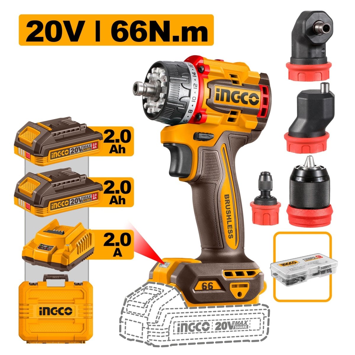 Kit taladro INGCO 20V con 4 cabezales intercambiables, 2 baterías, cargador y maletín - Markemstore
