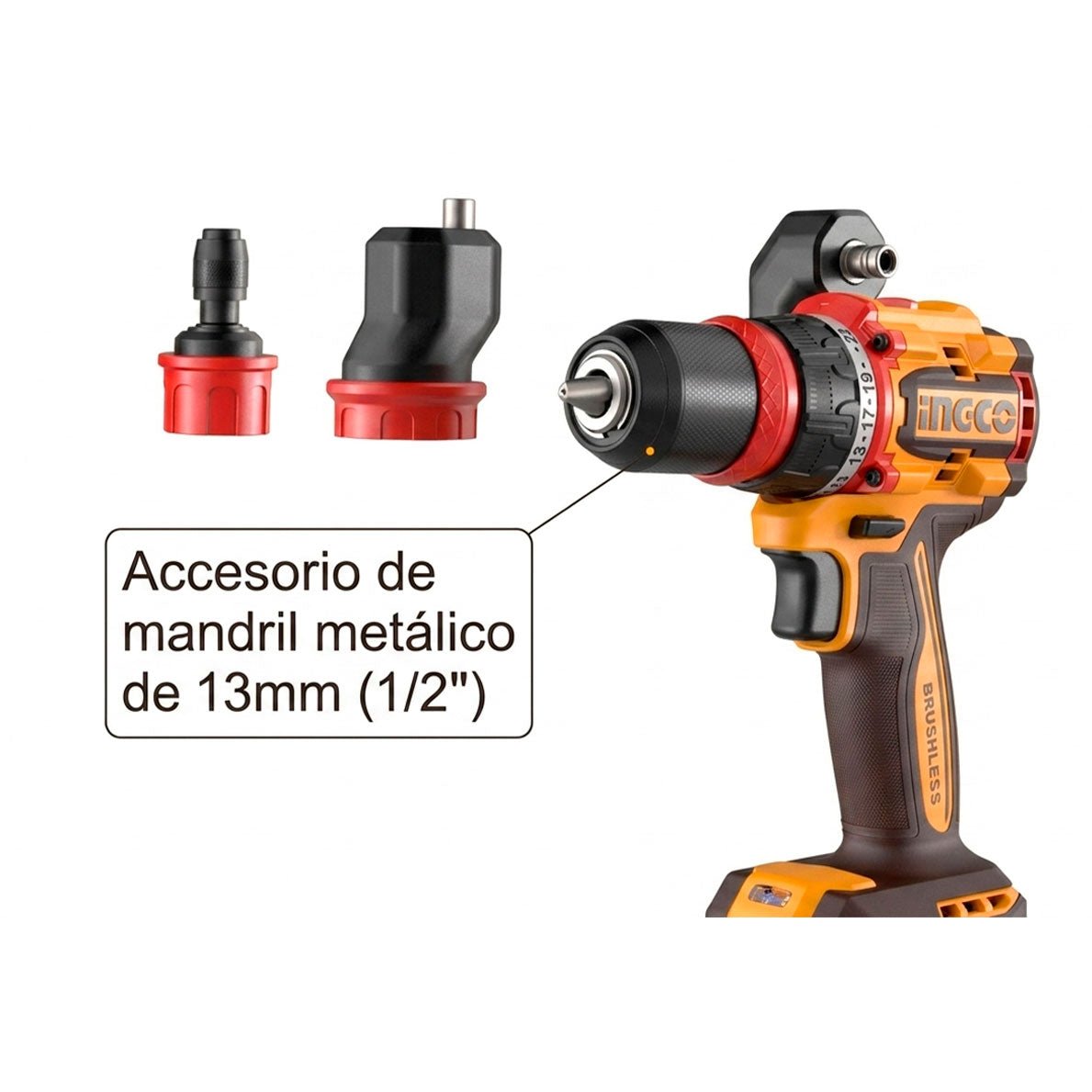 Taladro INGCO 20V con cabezal portabrocas metálico de 13mm intercambiable - Markemstore