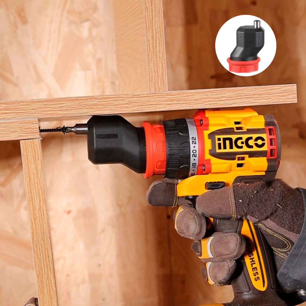 Taladro inalámbrico INGCO 20V con cabezal de extensión recto atornillando madera - Markemstore