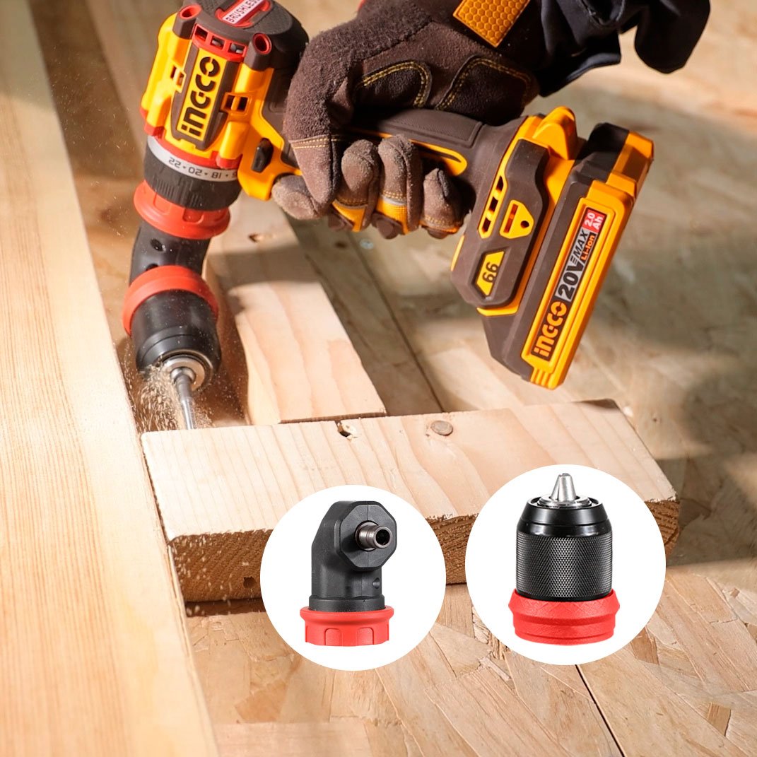 Taladro inalámbrico INGCO 20V perforando madera con cabezal portabrocas - Markemstore