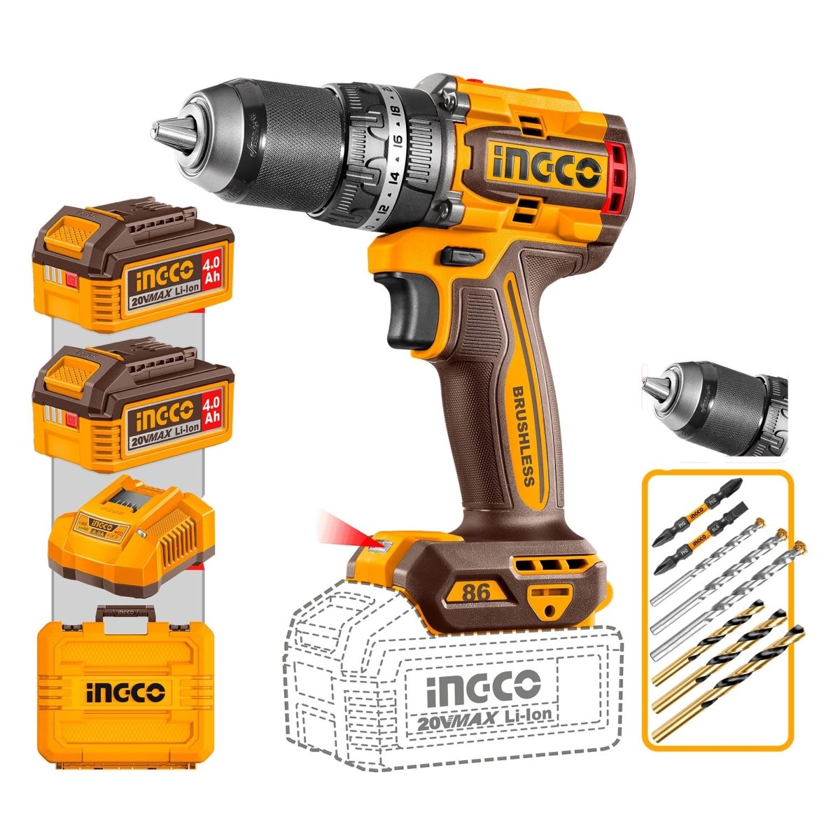 Taladro Inalámbrico INGCO 20V 86Nm 2 Baterías 4.0Ah UCIDLI208689 - MARKEMSTORE - Taladros