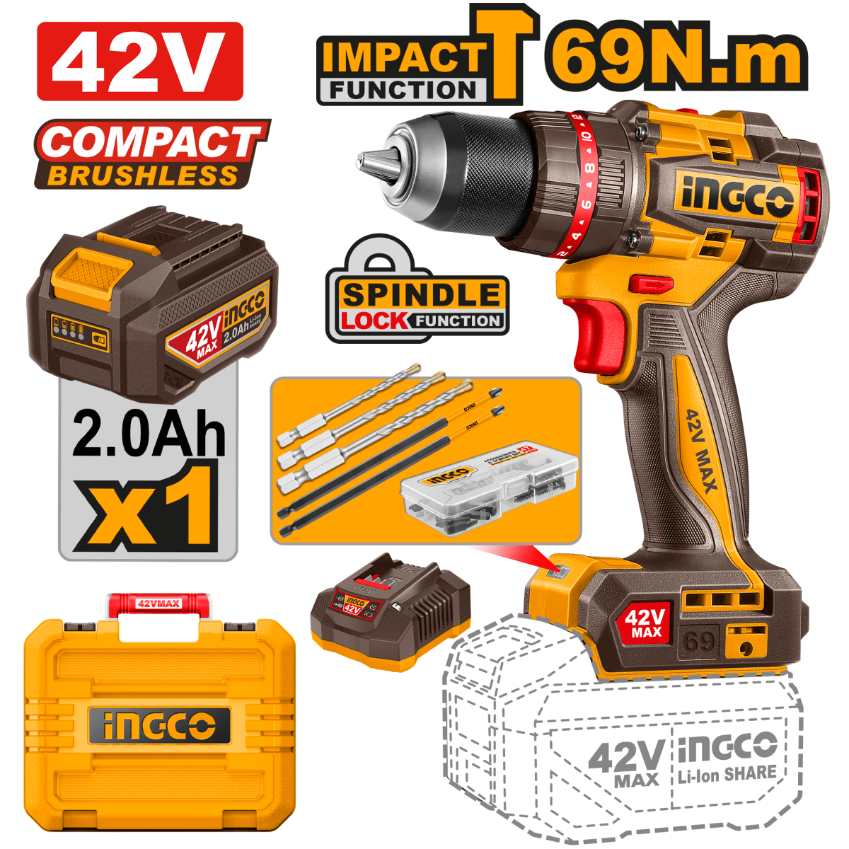 Taladro Ingco 42V M1/2 69NM Impacto Incluye Bateria y Cargador UCIDLI426981 - MARKEMSTORE - Taladro