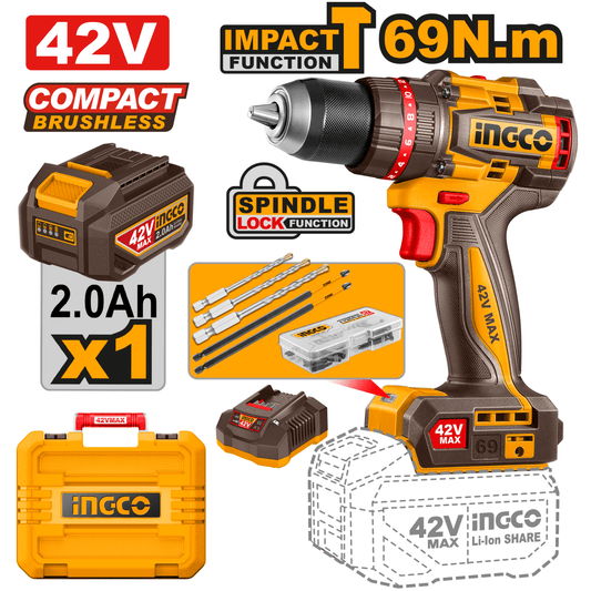 Taladro Ingco 42V M1/2 69NM Impacto Incluye Bateria y Cargador UCIDLI426981 - MARKEMSTORE - Taladro