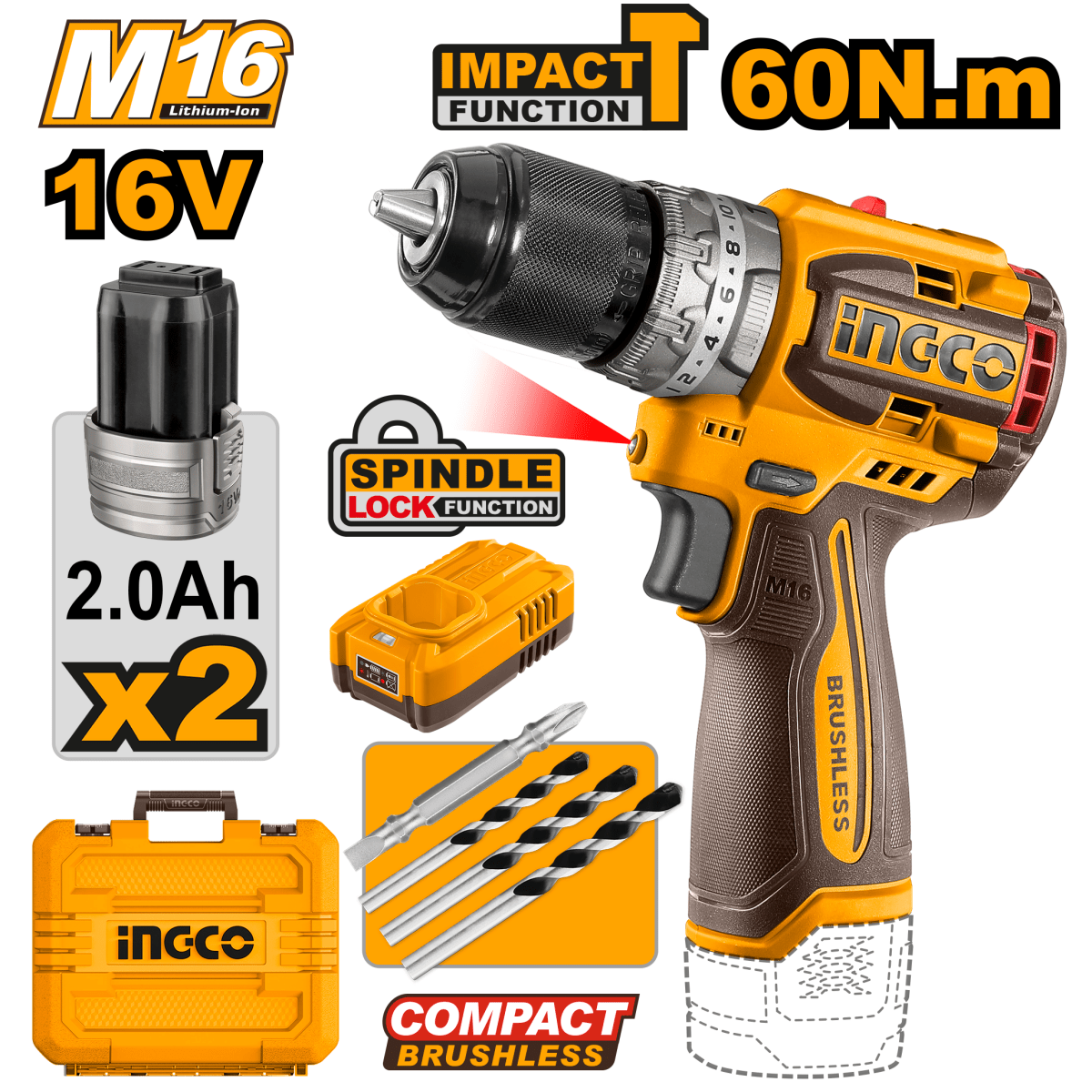 Taladro M1/2 16V 60Nm Incluye 2 Baterias y Cargador Ingco Ucidli16682 - MARKEMSTORE - Taladro