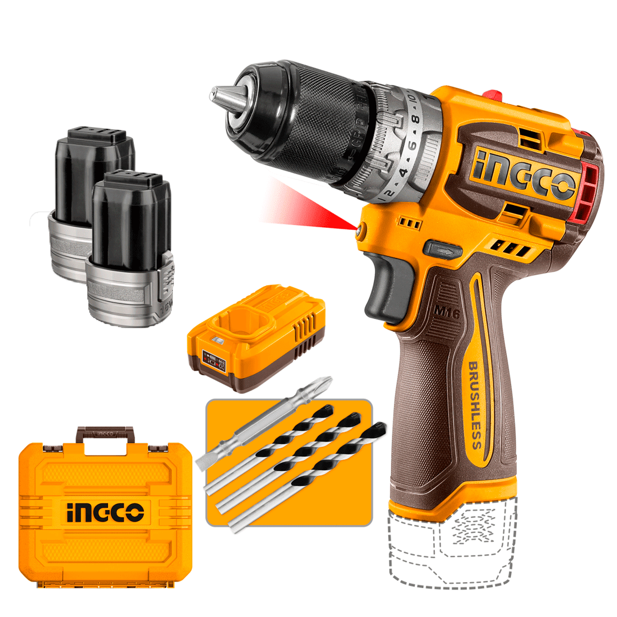 Taladro M1/2 16V 60Nm Incluye 2 Baterias y Cargador Ingco UCIDLI16682 - MARKEMSTORE - Taladro