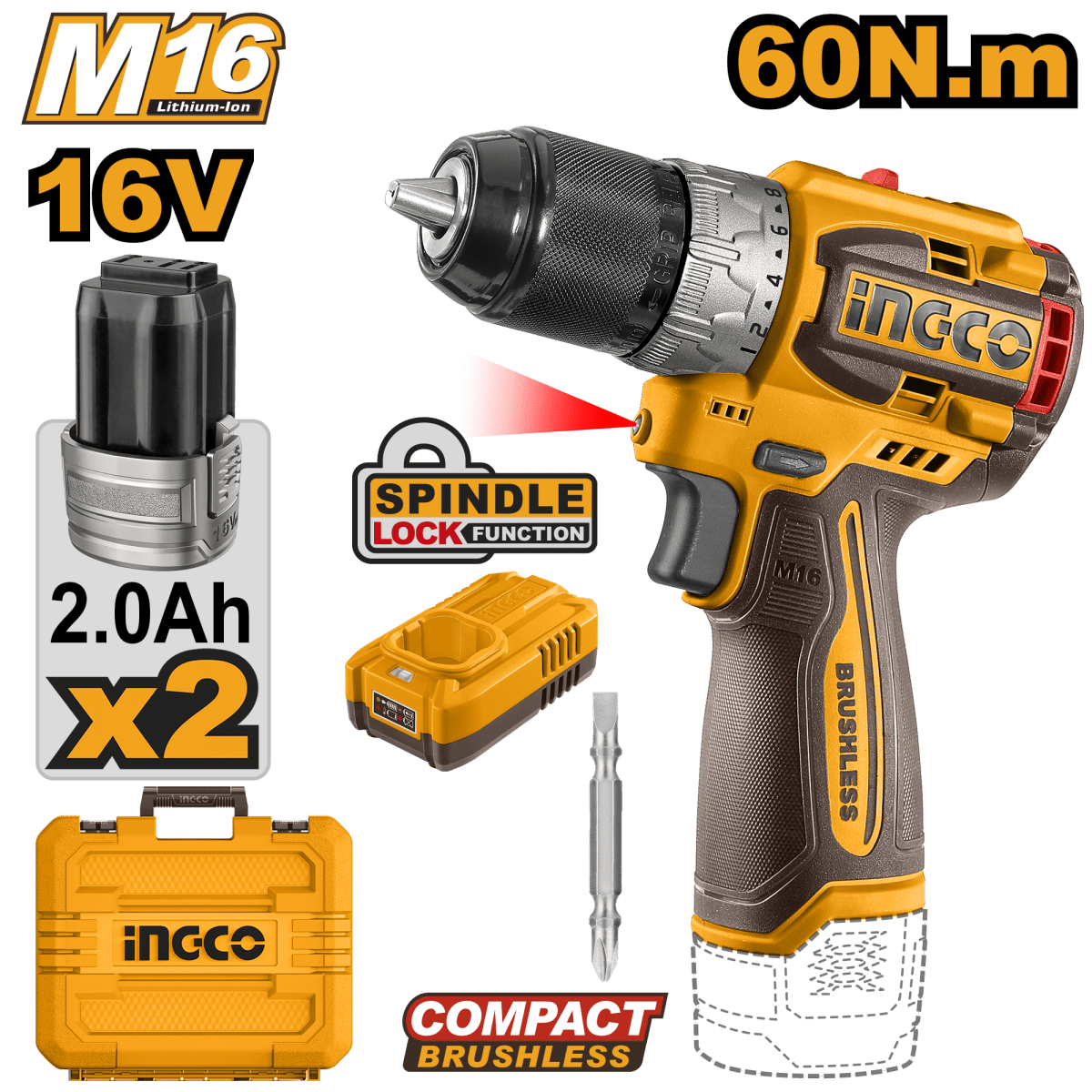 Taladro M1/2 16V 60Nm Rotacion 2 Baterias Y Cargador INGCO UCDLI16682 - MARKEMSTORE -