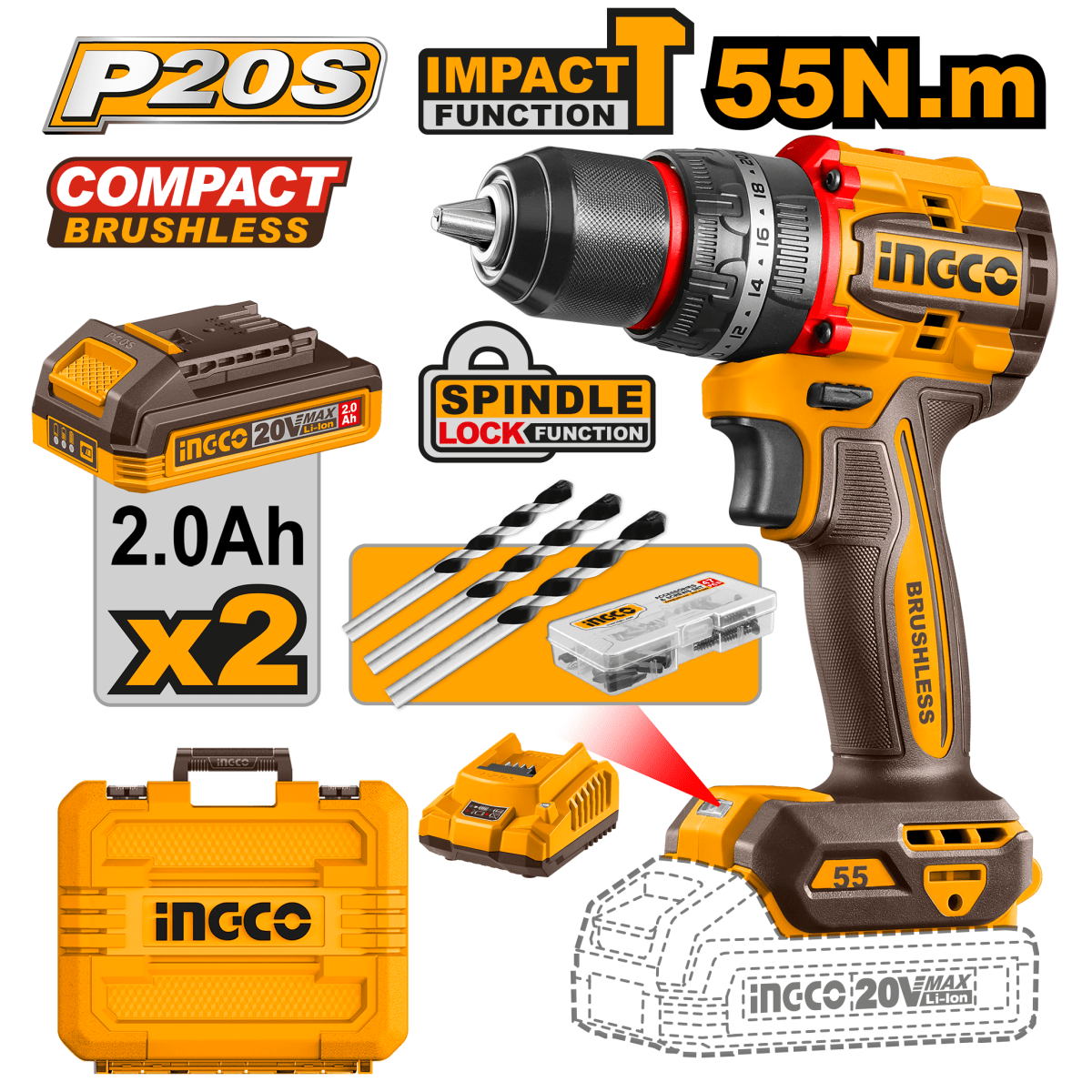 Taladro M1/2 20v 55nm 2.0ah Dos Baterias Cargador Y Accesorios INGCO UCIDLI20558 - MARKEMSTORE -
