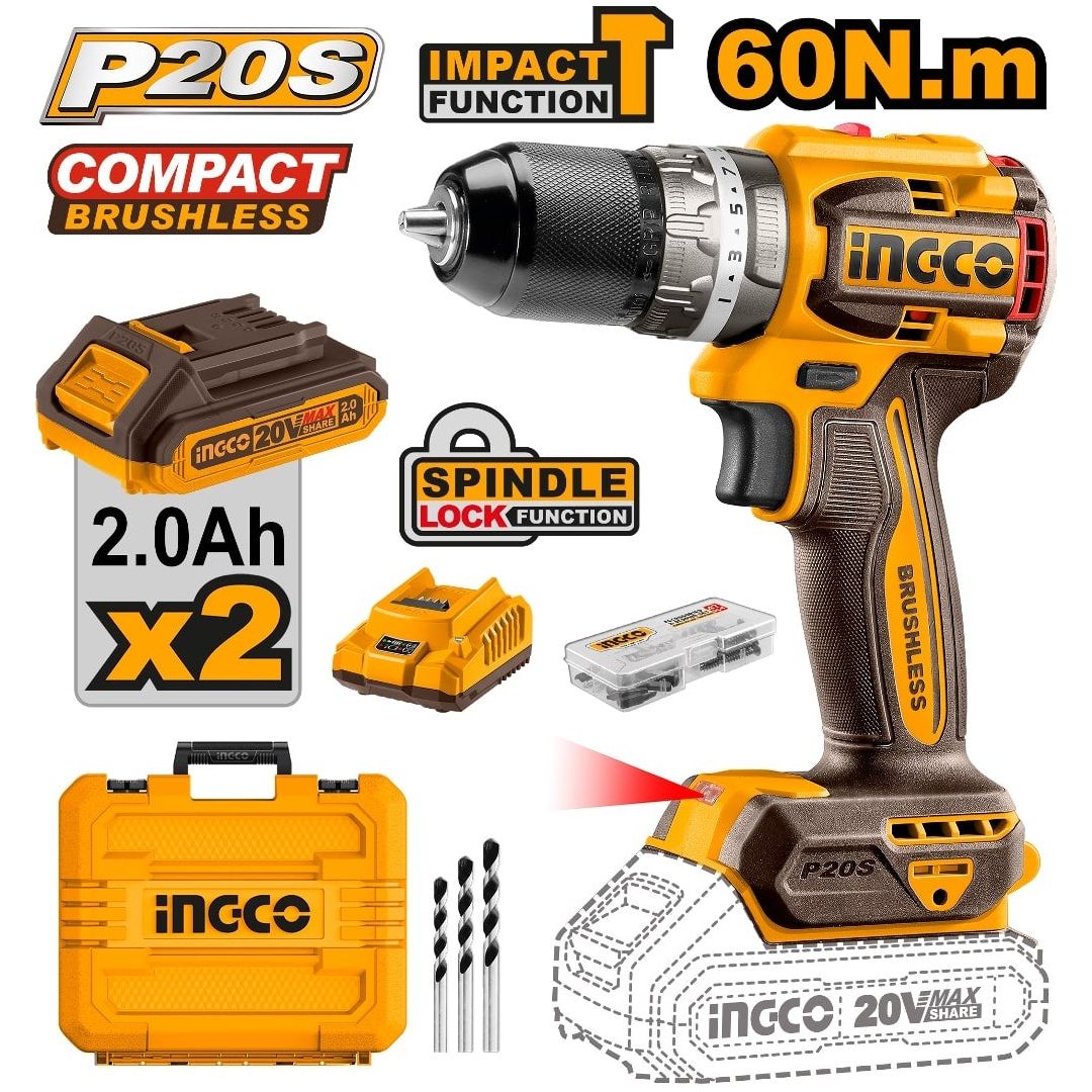 Taladro M1/2 20V 60NM Impacto Baterias y Cargador INGCO UCIDLI20602 - MARKEMSTORE -