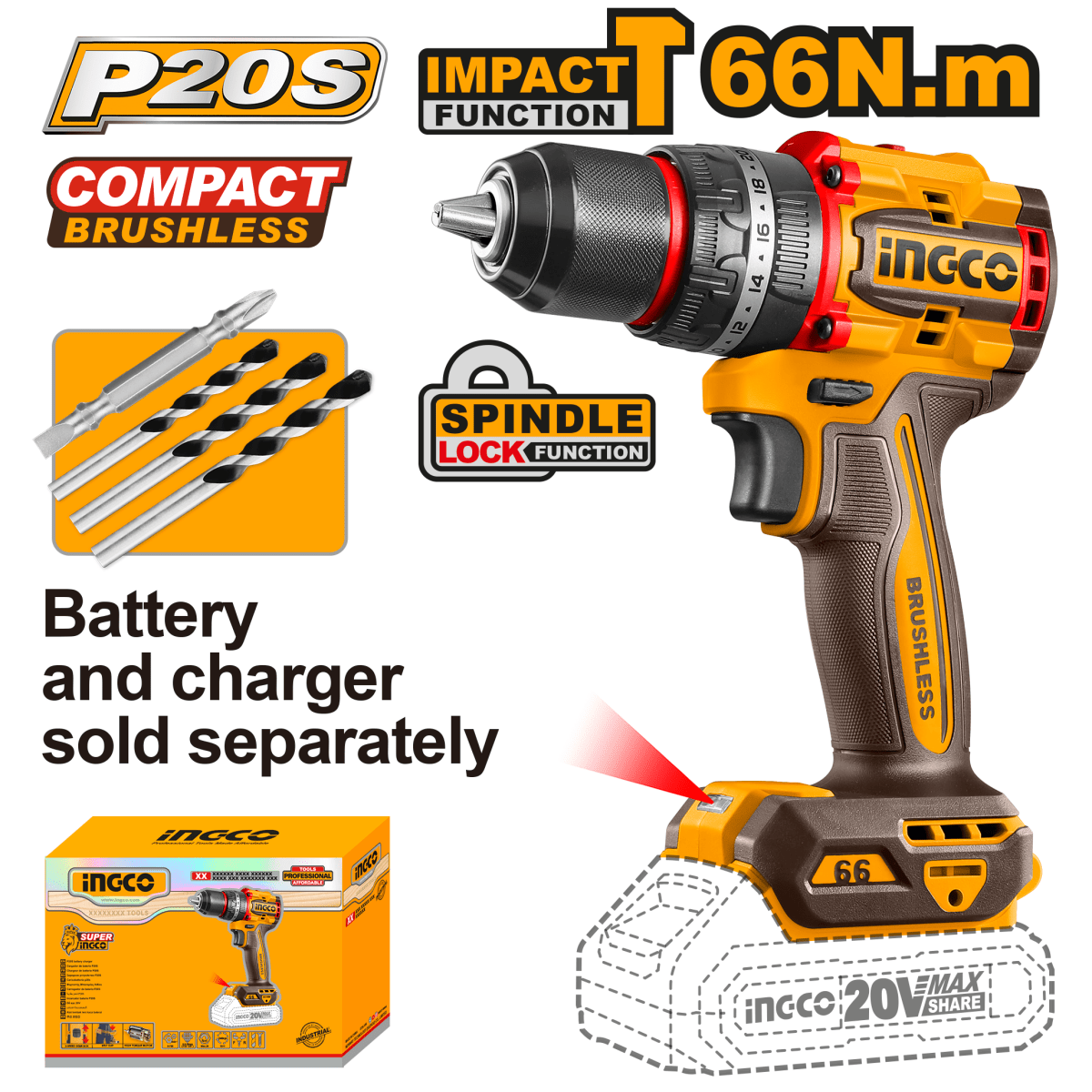Taladro M1/2 20V 60Nm Impacto INGCO CIDLI206021 - MARKEMSTORE - Taladro