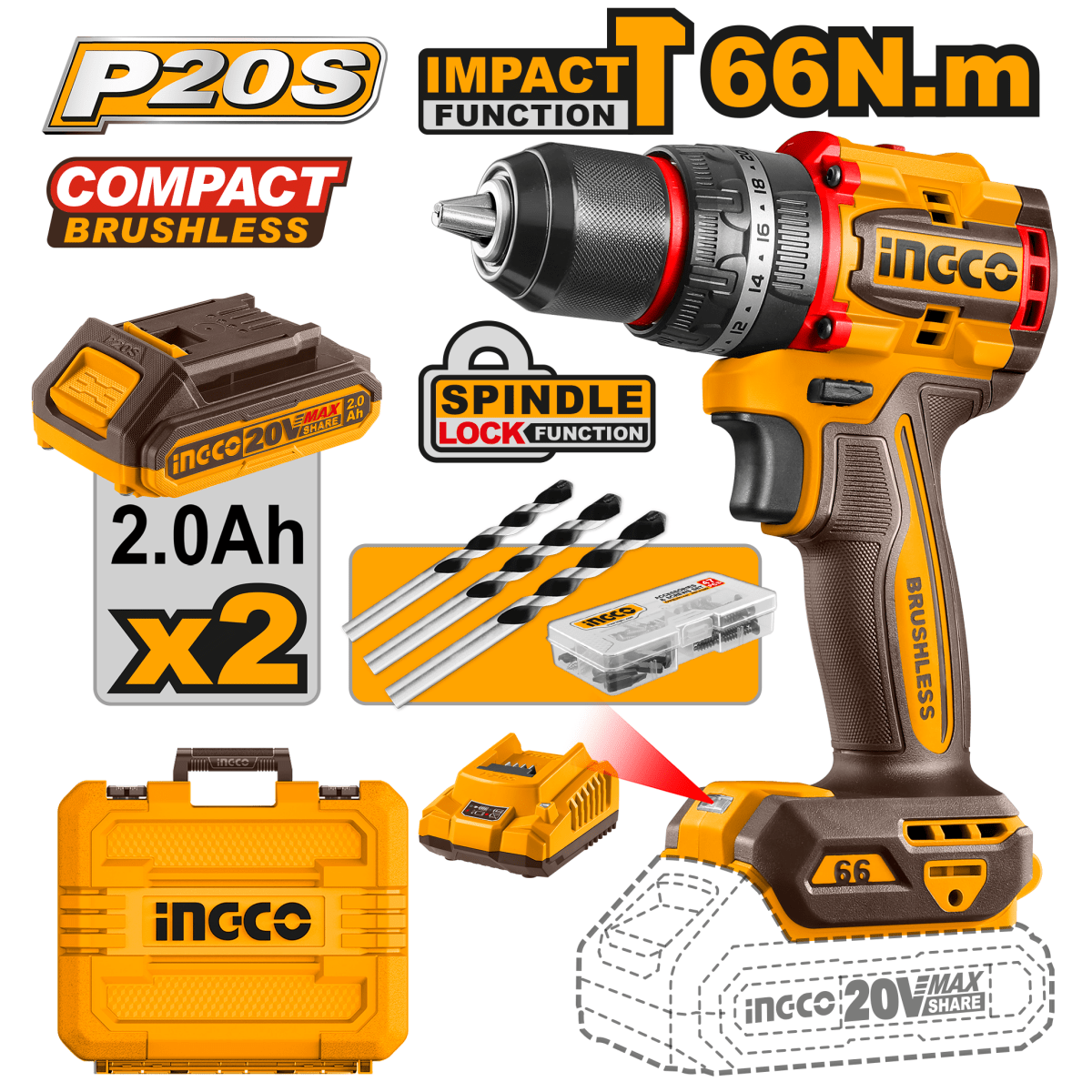 Taladro M1/2 20V 66Nm Impacto INGCO UCIDLI20668 - MARKEMSTORE - 
